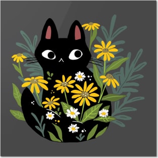 Black Cat In The Flowers Posters and Art